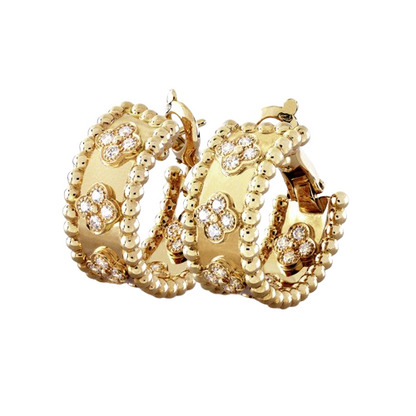18K Yellow Gold Perlée Clovers Hoop Earrings