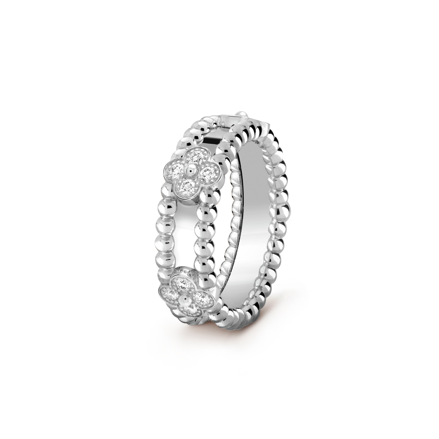 18K White Gold Perlée Clovers Ring