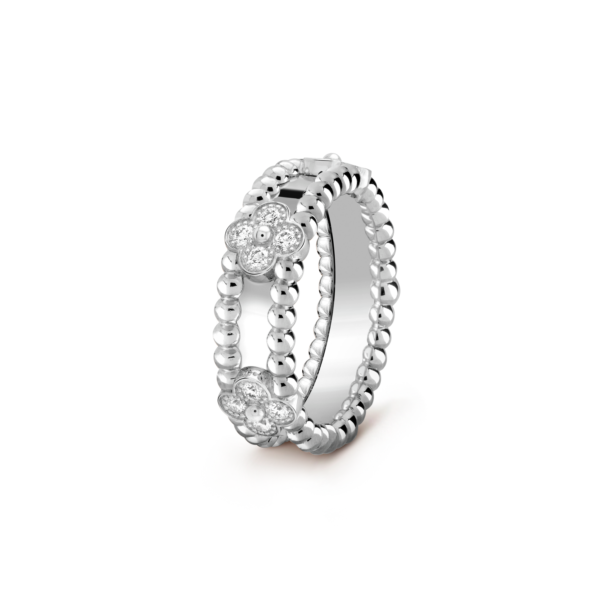 18K White Gold Perlée Clovers Ring