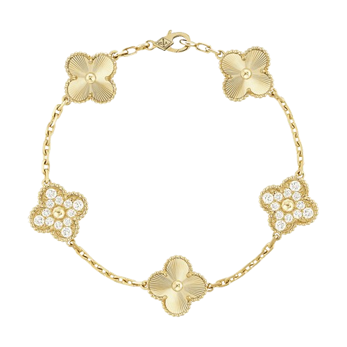18K Vintage Alhambra Five Motifs Diamonds Clover Bracelet